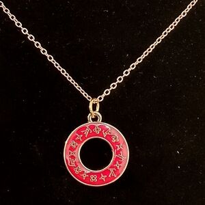 Upcycled Designer Brand Red and Gold Circle Pendant Necklace#27